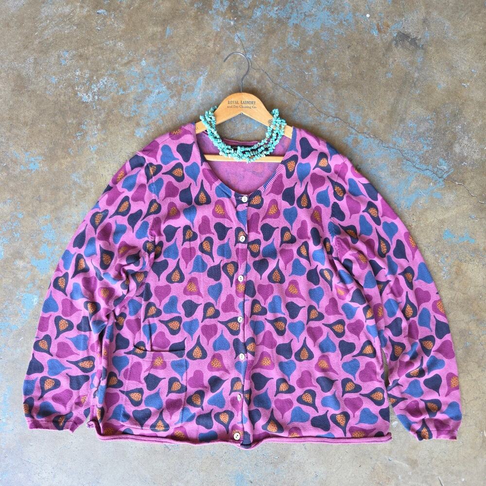 Gudrun Sjoden Knit Cardigan Sweater Size XL Purple Cotton Fruit Art Lagenlook